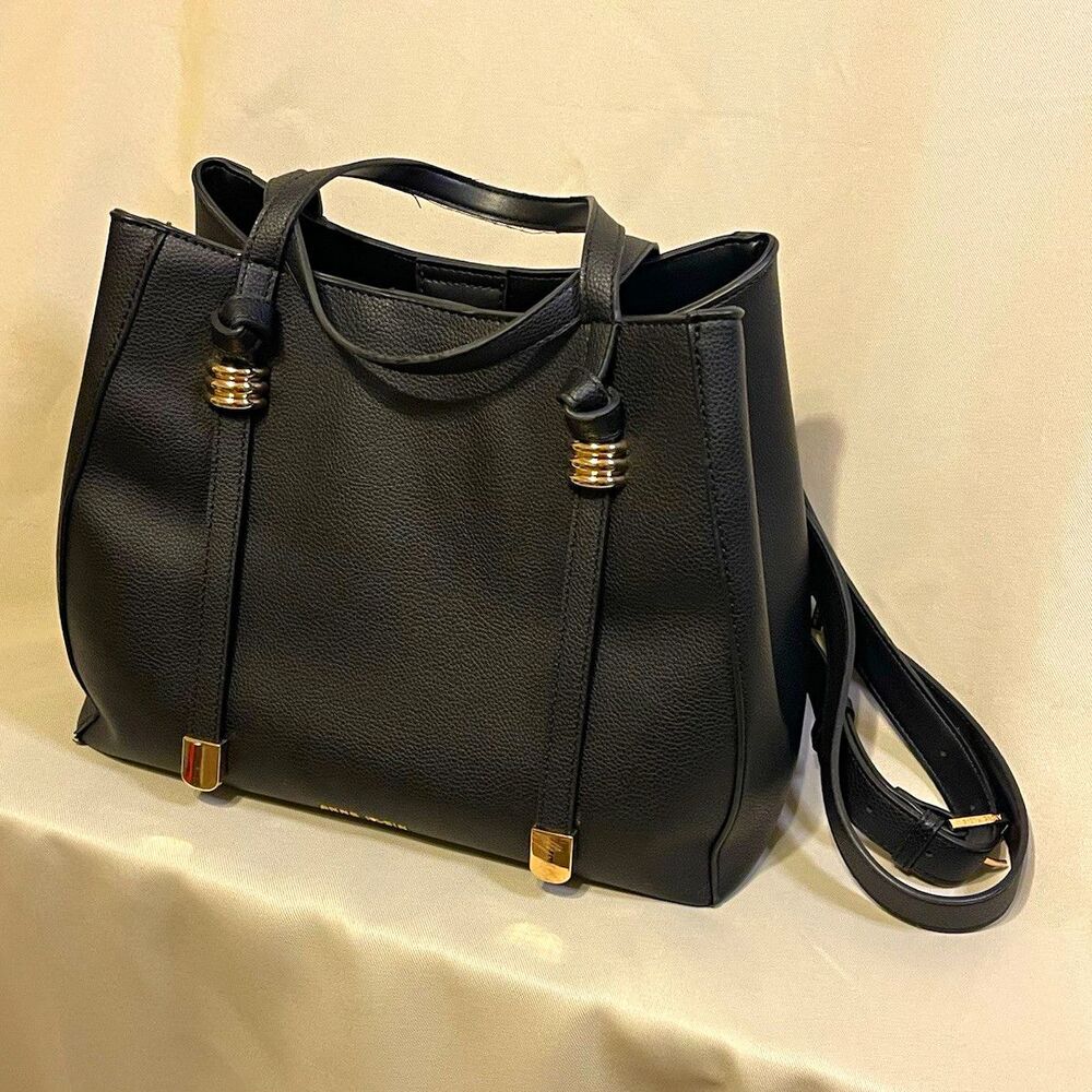 Anne Klein Black Satchel Top Handle Bag Gold Hardware Detachable Strap Pockets